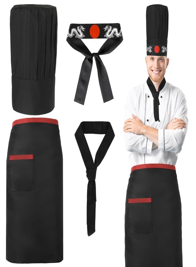 ojustbeok 4PCS Hibachi Chef Costume Set Japanese Headband and Tie, Hachimaki Teppanyaki Tall Cap and Apron Teppanyaki Chef Outfit Accessories for Hibachi BBQ Birthday Party Decorations Halloween Party Dress Up - Image 1